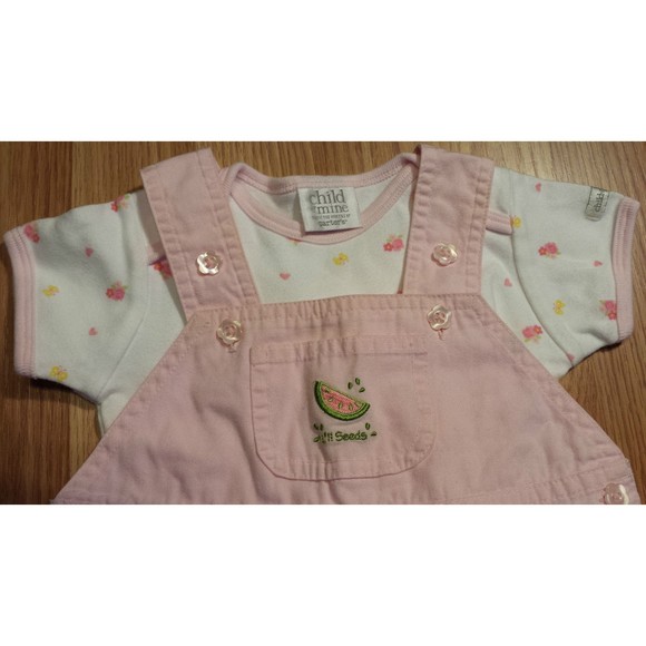 Girl's Sz 6-9 M Month 2 Pc Pink "Lil Seeds" Watermelon Suspender Shorts & Top - Picture 2 of 7